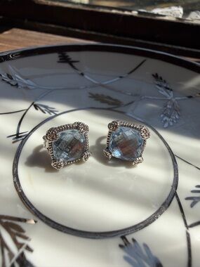 Judith Ripka 925 Silver 18K Gold Plating Blue Topaz-Cut Stud Earrings